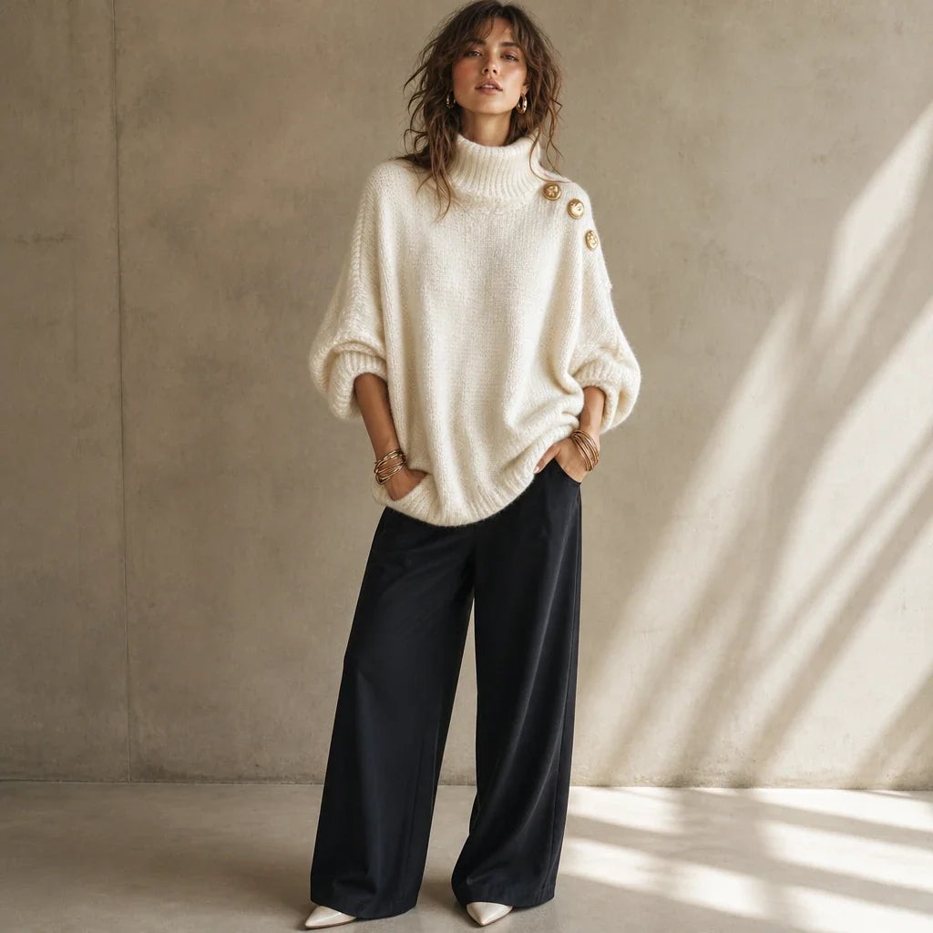 Aurelle – Gold Button Shoulder Knit Turtleneck Sweater