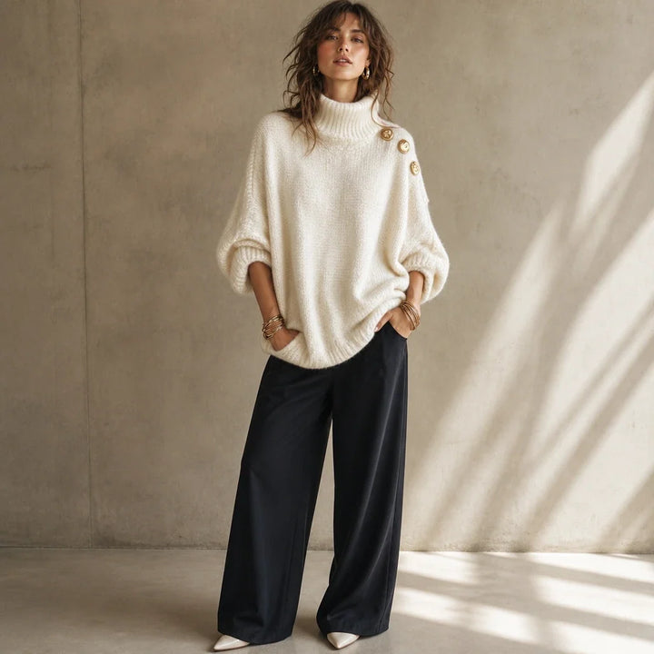 Aurelle – Gold Button Shoulder Knit Turtleneck Sweater
