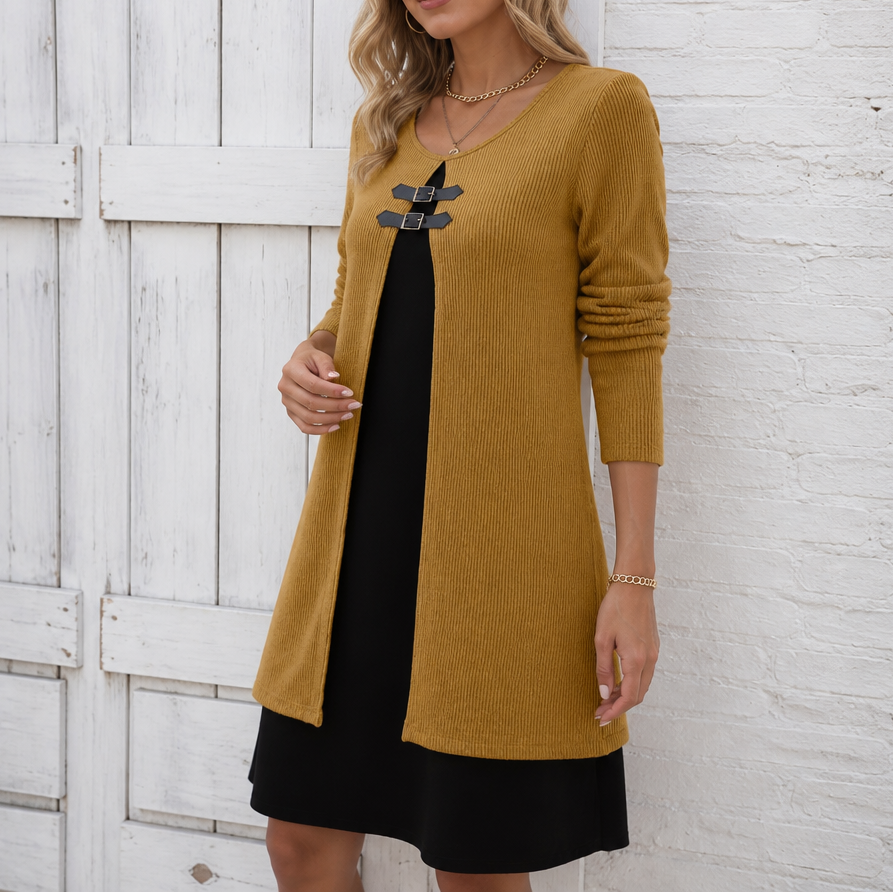 Duetta Faux Two-Piece Buckle-Accent Ribbed A-Line Dress - Elena Harper