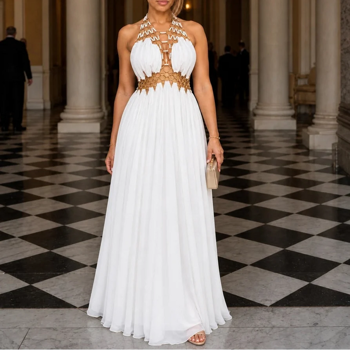 Avelise – Gold Ring Halter Open-Back Maxi Dress