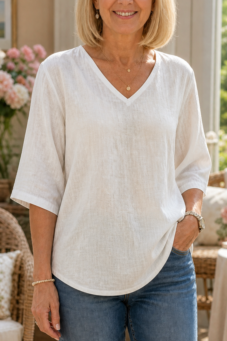 Easa V-Neck Relaxed-Fit Three-Quarter Sleeve Blouse - Elena Harper