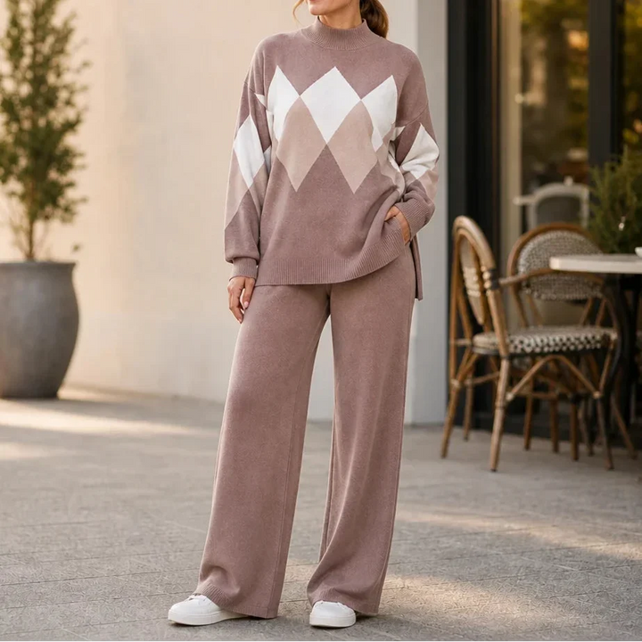 Argyle Ease Argyle Knit Sweater And Wide-Leg Trouser Set - Elena Harper