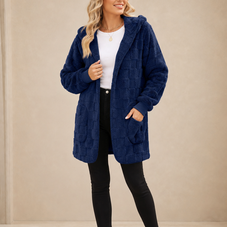 Checkora Fluffy Checked Open-Front Cardigan - Elena Harper