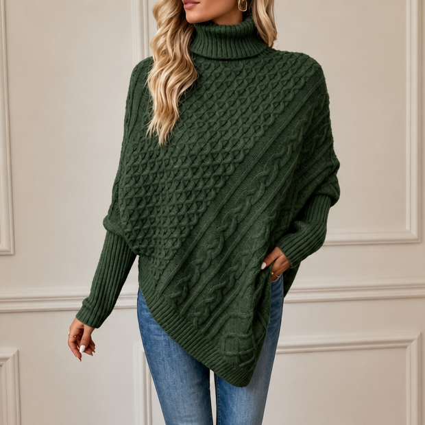 Cablelle Asymmetric Cable-Knit Turtleneck Poncho - Elena Harper