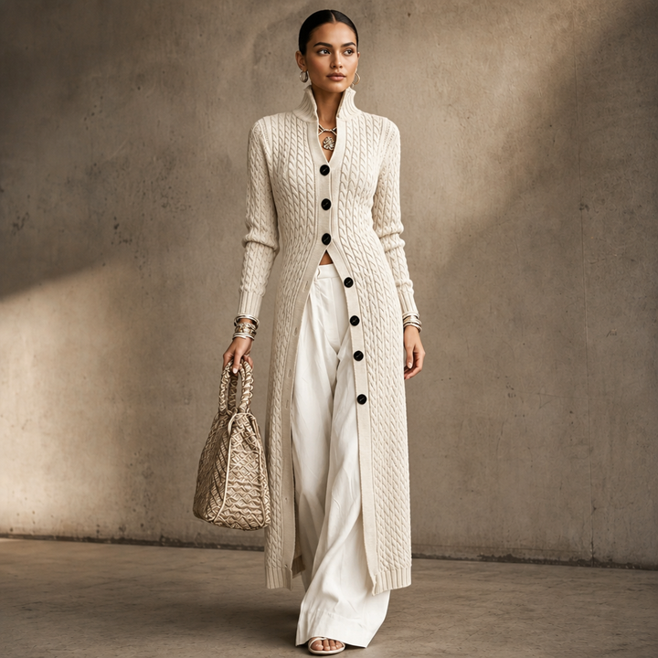 Cablemere High Collar Cable-Knit Duster Cardigan - Elena Harper