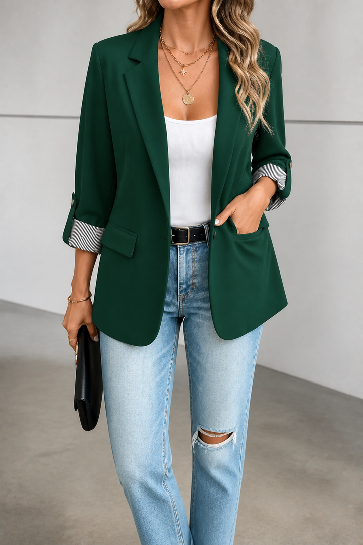 Cuffley Striped-Cuff Roll-Sleeve Tailored Blazer - Elena Harper