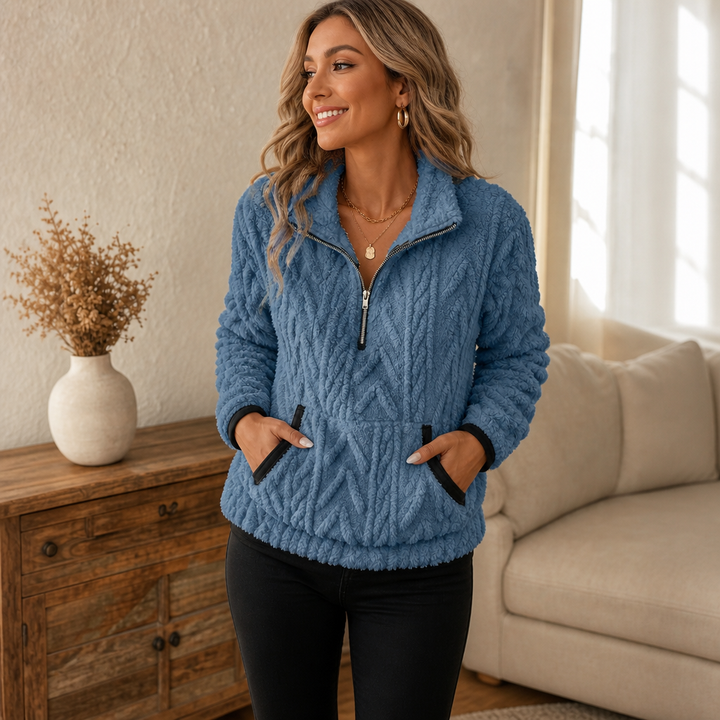 Cloudessa Half-Zip Fuzzy Pullover With Kangaroo Pocket - Elena Harper