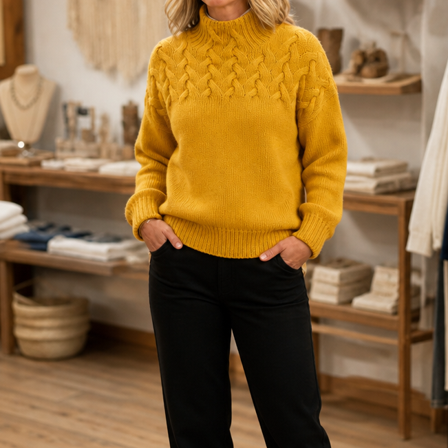 Cozette Braided Cable-Knit Turtleneck Sweater - Elena Harper