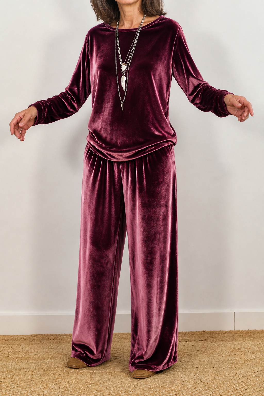 Duskvelor Velvet-Look Wide-Leg Two-Piece Lounge Set - Elena Harper