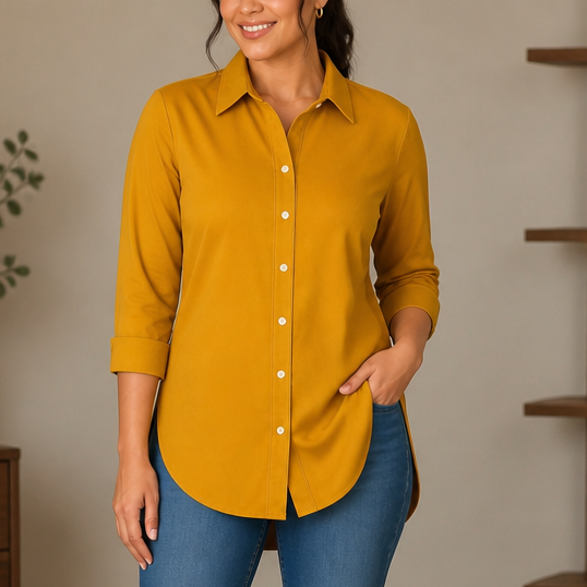 Elara Curve Curved-Hem Stretch Button-Front Shirt - Elena Harper