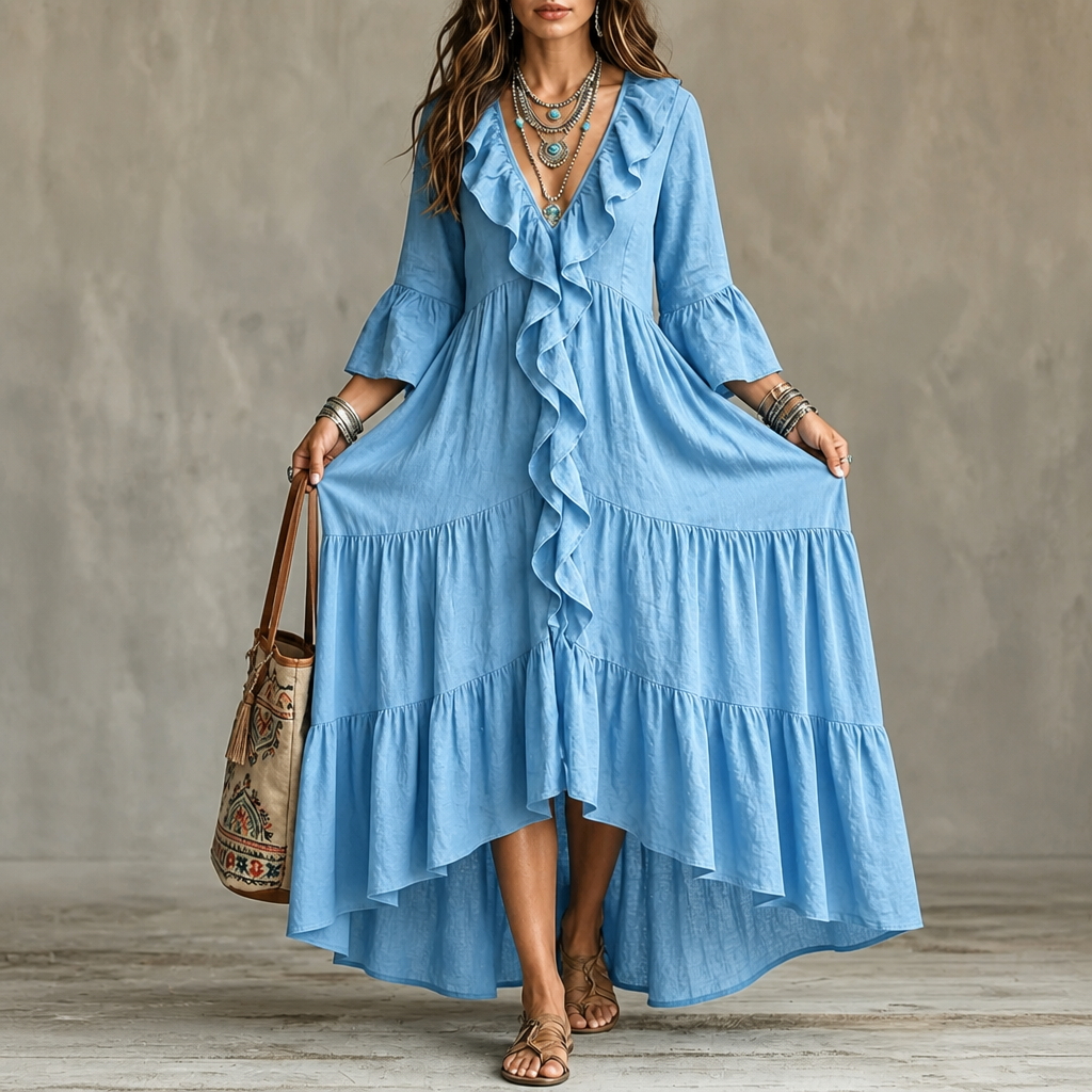 Cascada High-Low Ruffle V-Neck Bell Sleeve Dress - Elena Harper