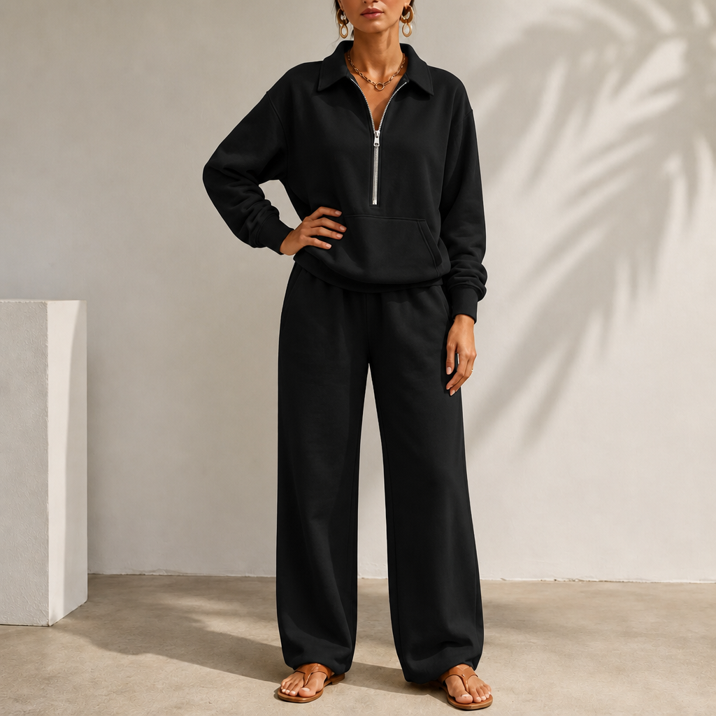 Easolde Half-Zip Collar Lounge Set - Elena Harper