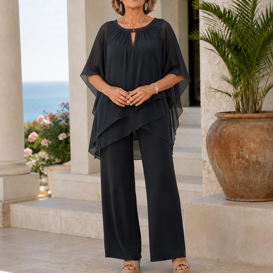 Draperie Asymmetric Chiffon-Overlay Wide-Leg Trouser Set - Elena Harper