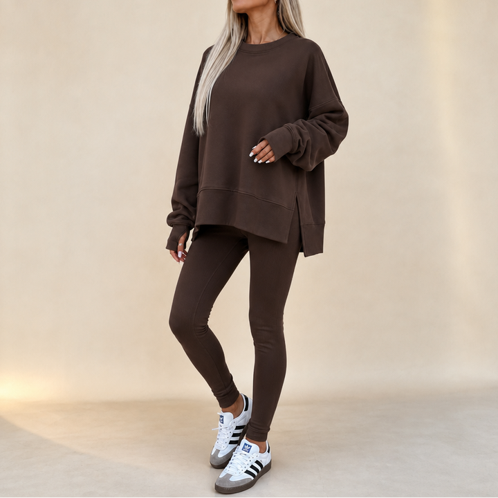 Cozelle Thumbhole Sleeve Side-Slit Loungewear Set - Elena Harper