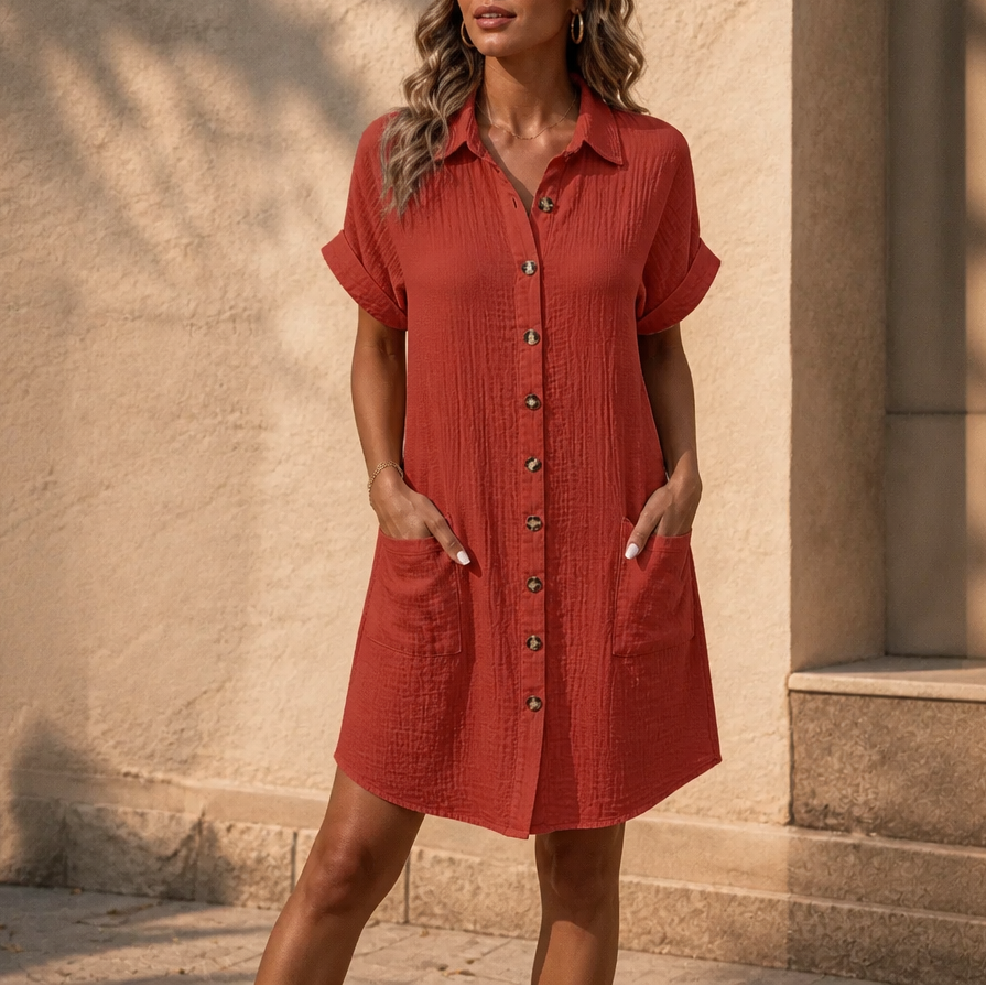 Daywear Buttoned Short Sleeve Pocket Shirt Dress - Elena Harper