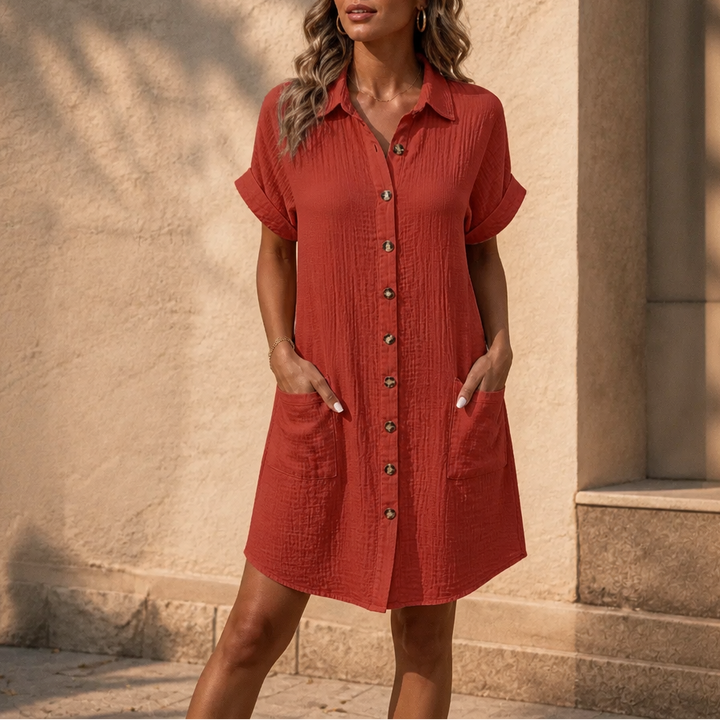 Daywear Buttoned Short Sleeve Pocket Shirt Dress - Elena Harper