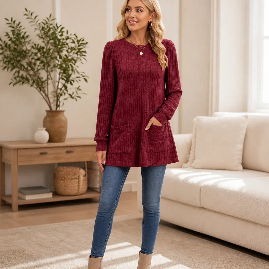 Cozy Rib Ribbed Knit Tunic With Pockets - Elena Harper