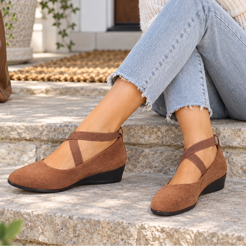 Elara Wedge Crisscross Elastic Strap Wedge Flats - Elena Harper