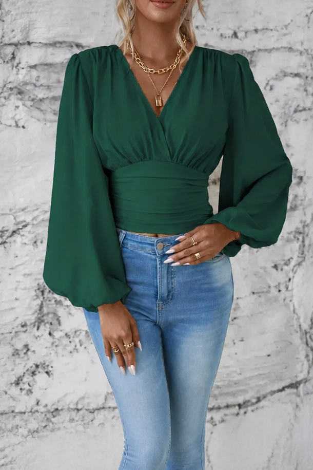Cinchelle Ruched Waist Puff Sleeve Chiffon Look Blouse - Elena Harper