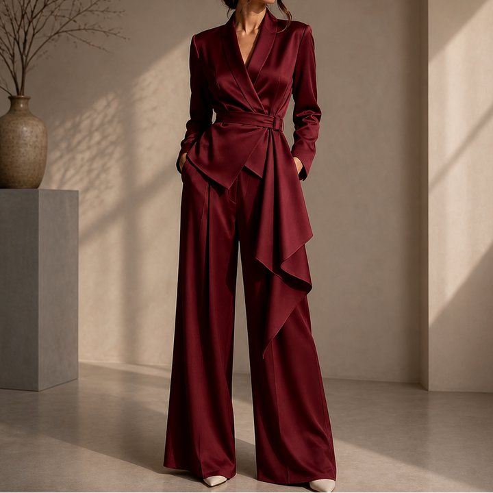 Drapevera Buckle-Belted Wrap Blazer And Wide-Leg Trouser Set - Elena Harper