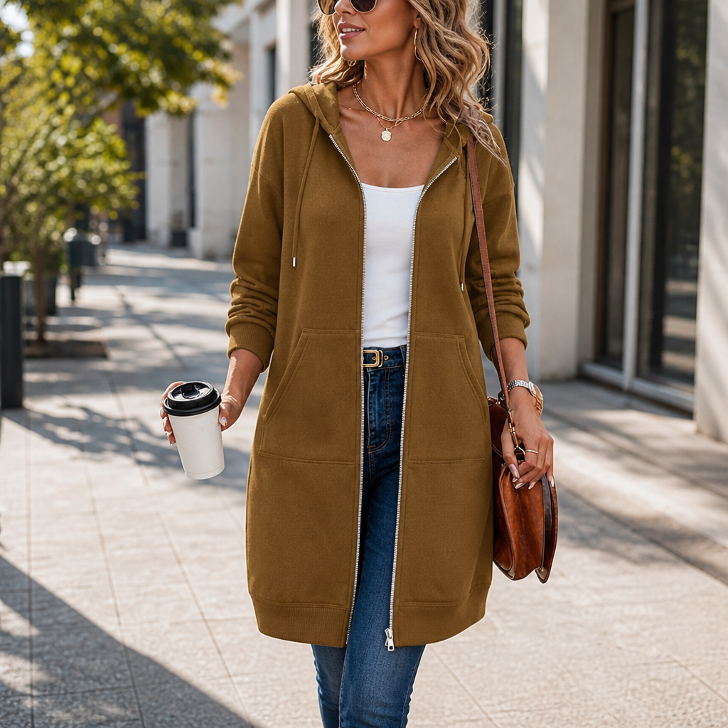 Coziluxe Zip-Front Hooded Mid-Length Knit Cardigan - Elena Harper
