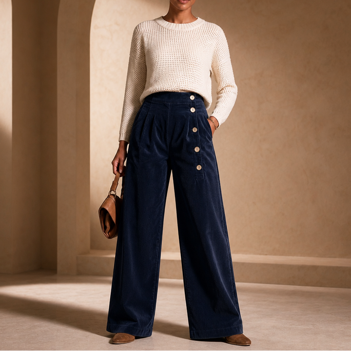 Cordelle Asymmetrical Button-Front Pleated Wide-Leg Pants - Elena Harper