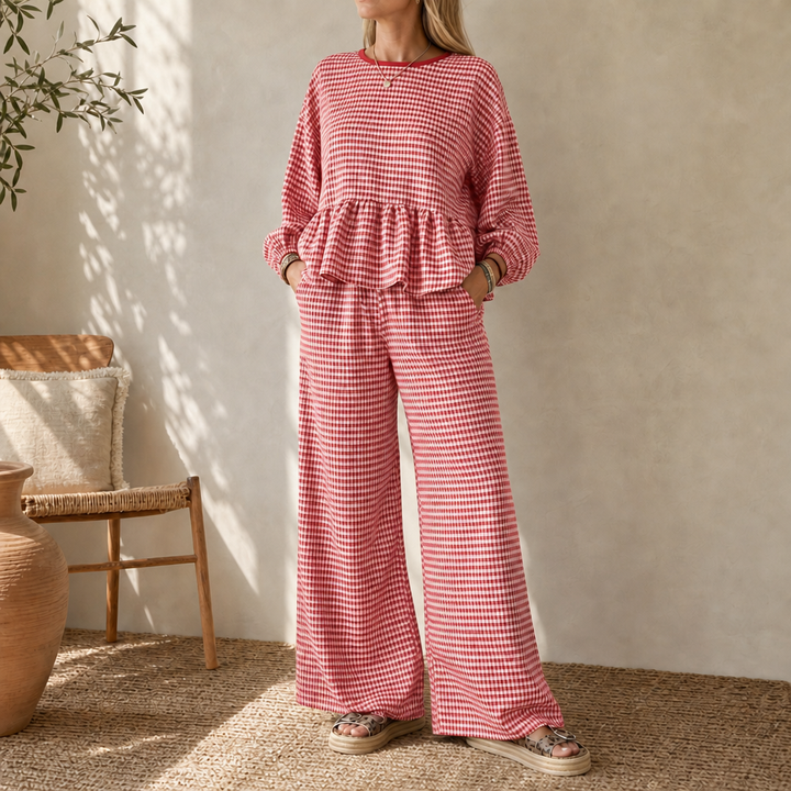 Elara Gingham Peplum Top And Wide-Leg Pants Set - Elena Harper