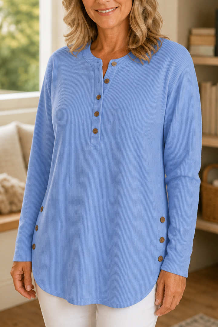 Corduvie Button-Up Corduroy-Look Henley Top - Elena Harper
