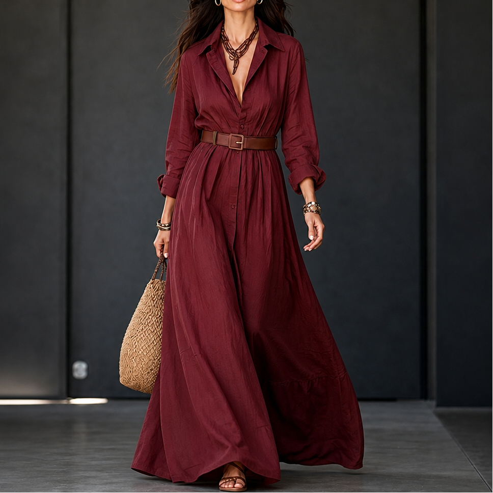 Beltelle – Long-Sleeve Belted Maxi Shirt Dress