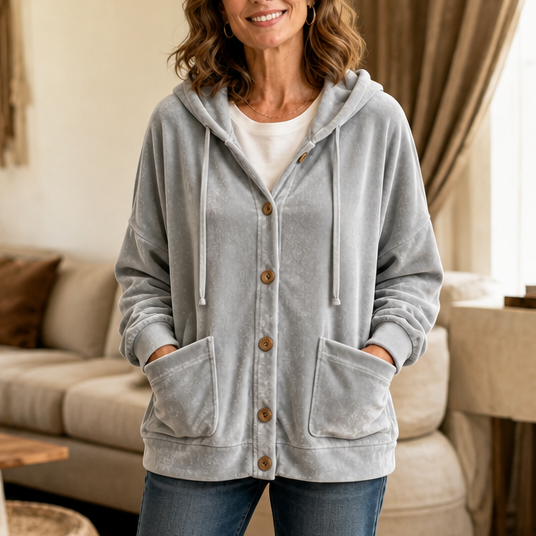 Coziva Hooded Button-Front Velour Cardigan - Elena Harper
