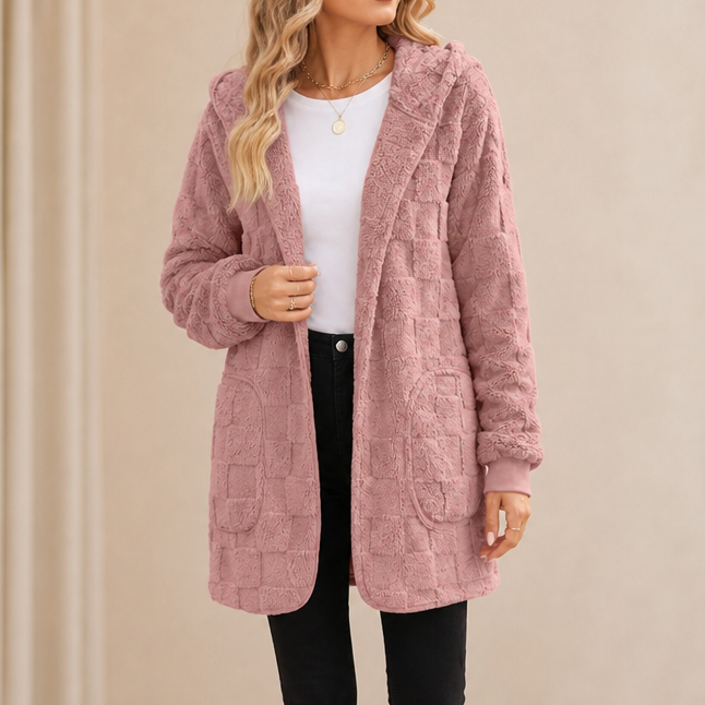Checkora Fluffy Checked Open-Front Cardigan - Elena Harper