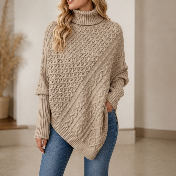 Cable & Cove Cable-Knit Turtleneck Poncho Sweater - Elena Harper