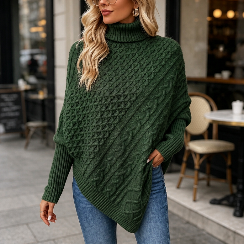 Cabelune Cable-Knit Asymmetric Poncho Sweater - Elena Harper