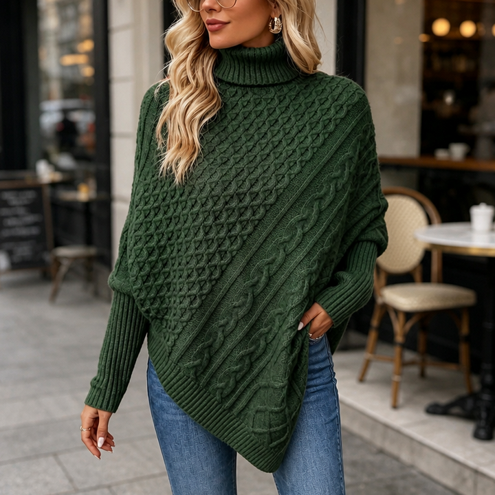 Cabelune Cable-Knit Asymmetric Poncho Sweater - Elena Harper