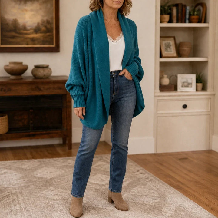 Drapeelle – Crochet-Look Open-Front Batwing Cardigan