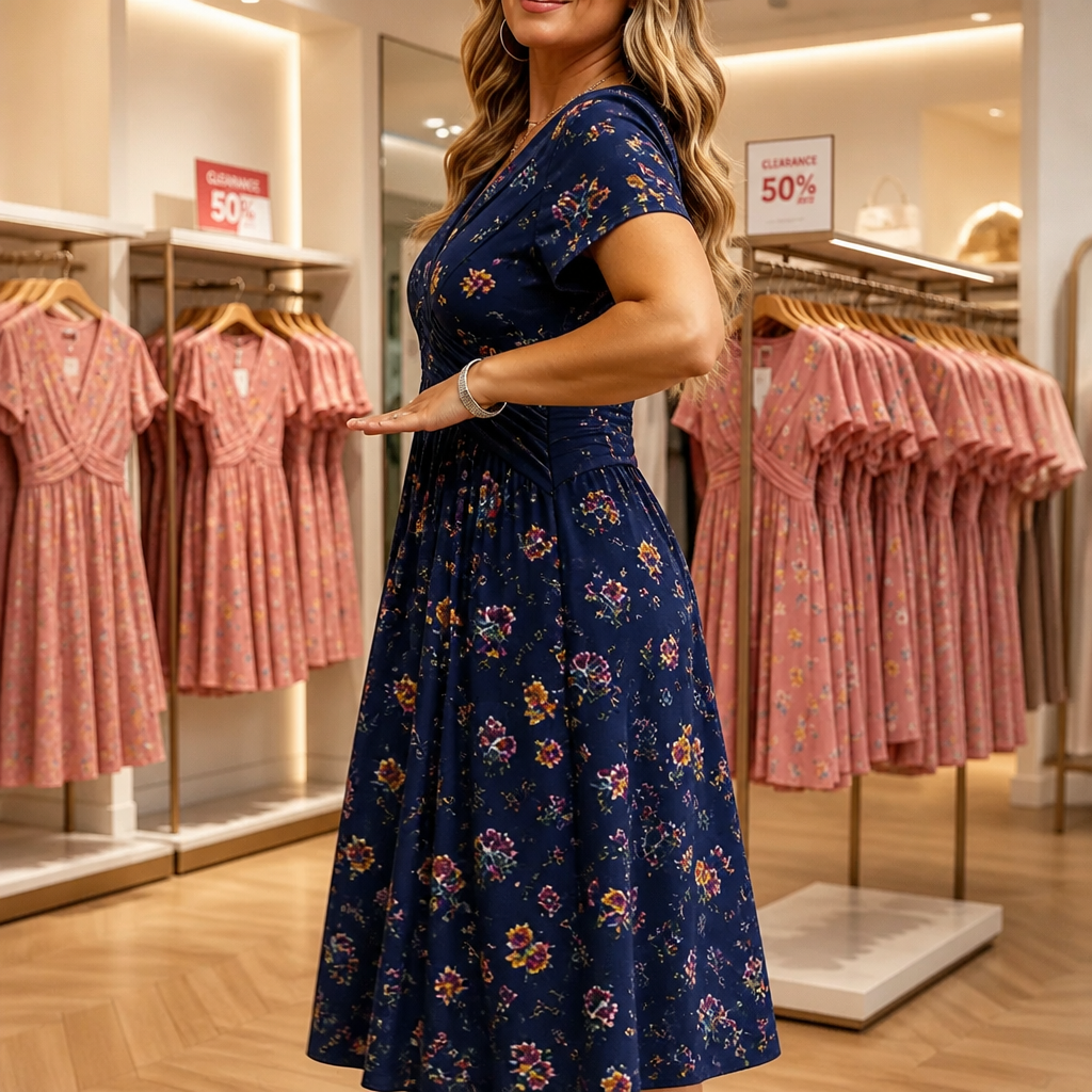 Curvella Twist-Waist Floral V-Neck Midi Dress - Elena Harper