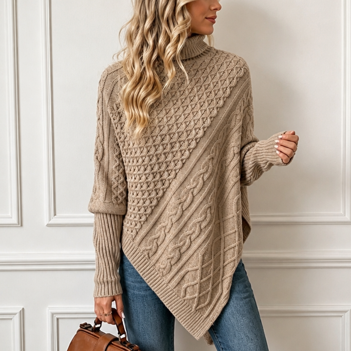 Cablelle Asymmetric Cable-Knit Turtleneck Poncho - Elena Harper