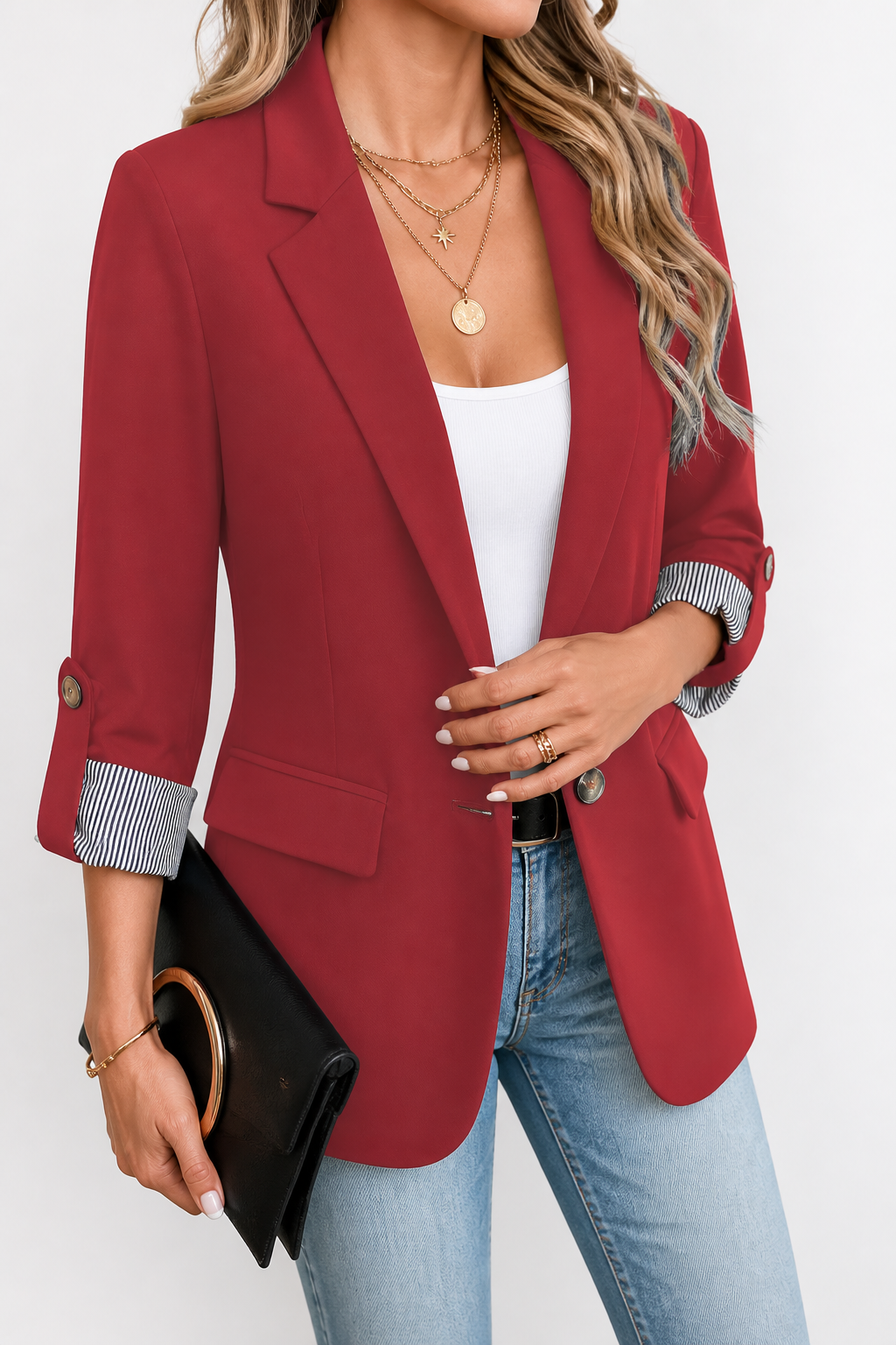 Cuffley Striped-Cuff Roll-Sleeve Tailored Blazer - Elena Harper