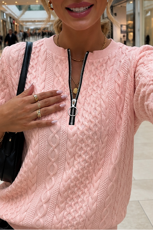 Cabelyn Embossed Cable-Knit Half-Zip Pullover - Elena Harper