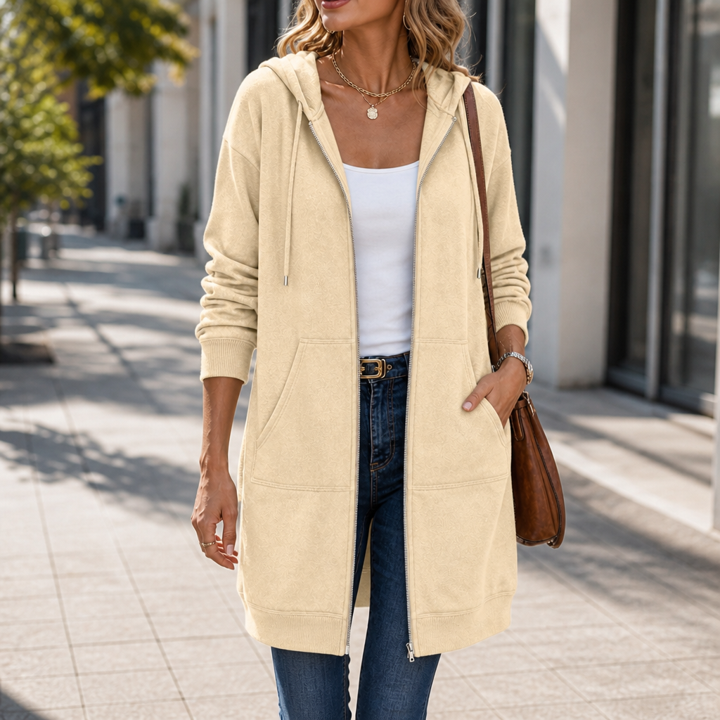 Coziluxe Zip-Front Hooded Mid-Length Knit Cardigan - Elena Harper