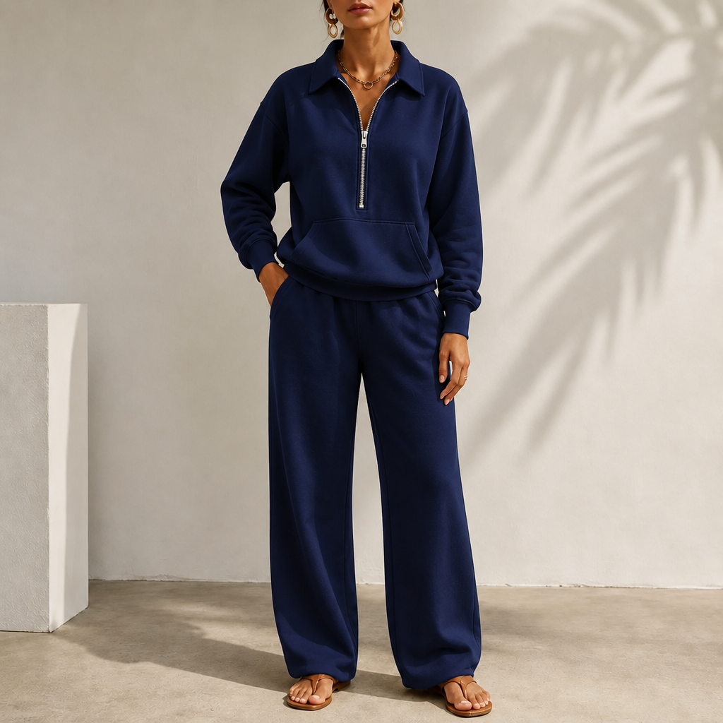 Easolde Half-Zip Collar Lounge Set - Elena Harper