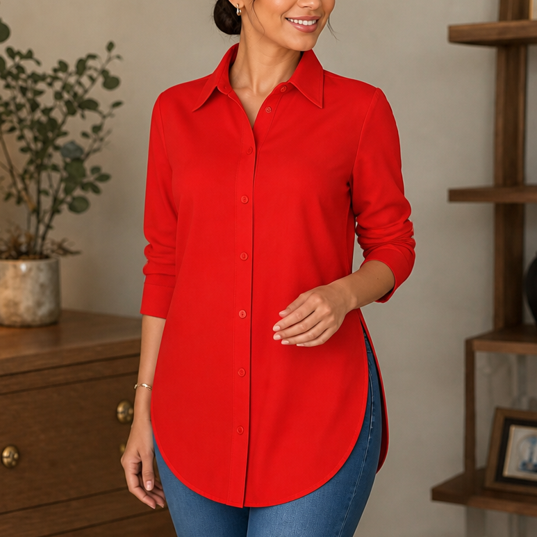 Elara Curve Curved-Hem Stretch Button-Front Shirt - Elena Harper