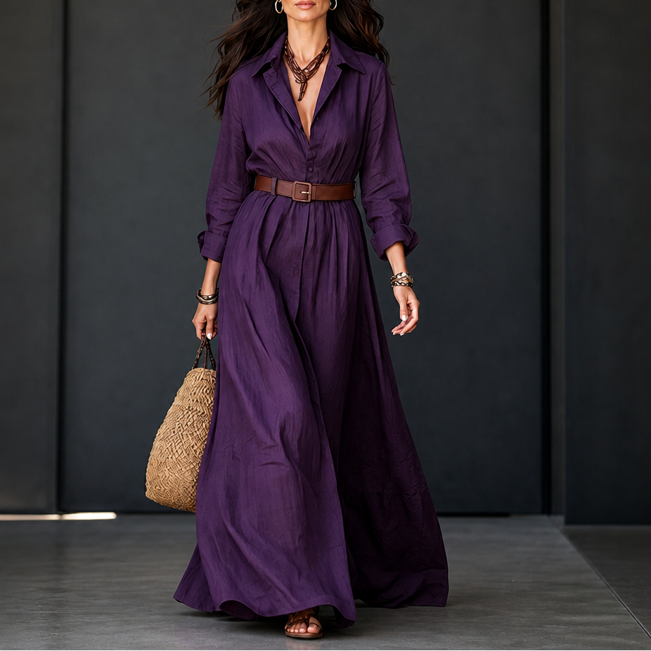 Beltelle – Long-Sleeve Belted Maxi Shirt Dress