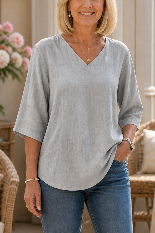 Easa V-Neck Relaxed-Fit Three-Quarter Sleeve Blouse - Elena Harper