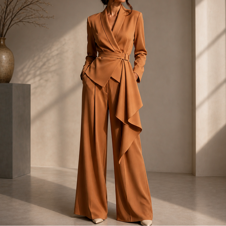 Drapevera Buckle-Belted Wrap Blazer And Wide-Leg Trouser Set - Elena Harper