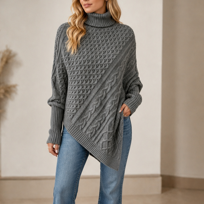 Cable & Cove Cable-Knit Turtleneck Poncho Sweater - Elena Harper