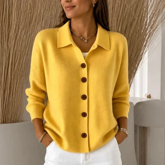 Collara – Turn-Down Collar Contrast-Button Knit Cardigan
