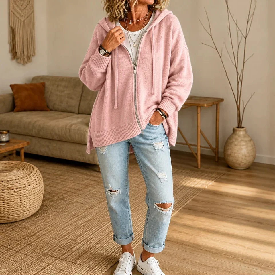 Cozyline Zip-Front Hooded Knit Cardigan - Elena Harper