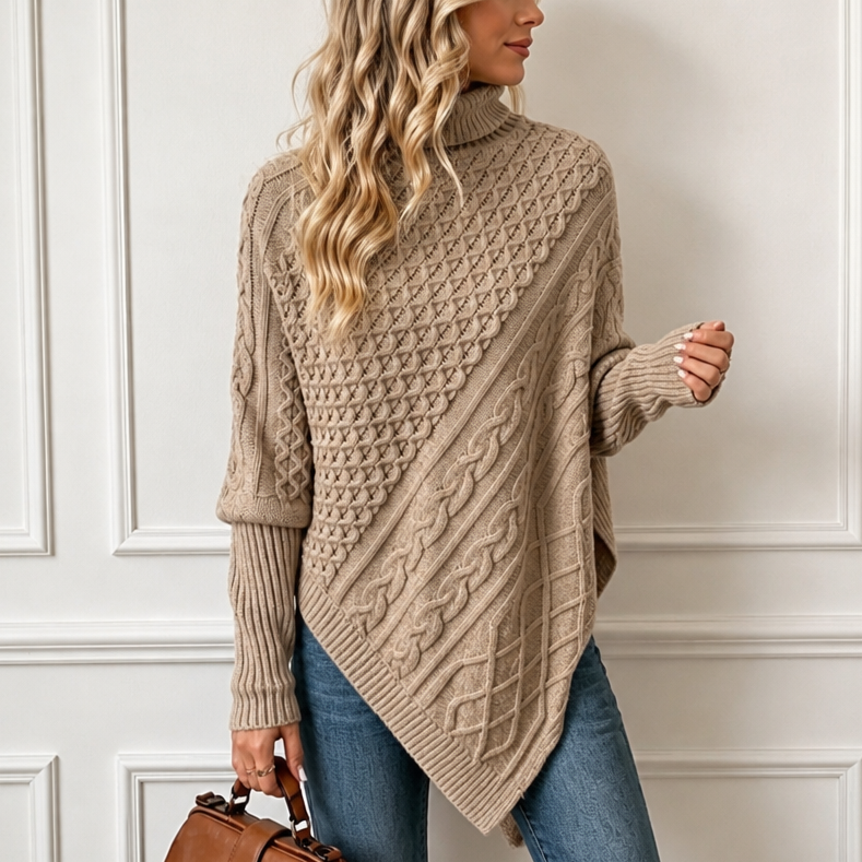 Cablelle Asymmetric Cable-Knit Turtleneck Poncho - Elena Harper