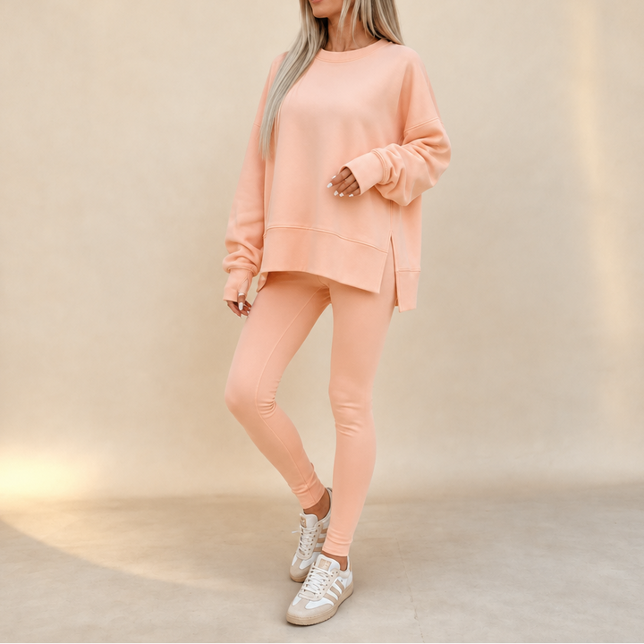 Cozelle Thumbhole Sleeve Side-Slit Loungewear Set - Elena Harper